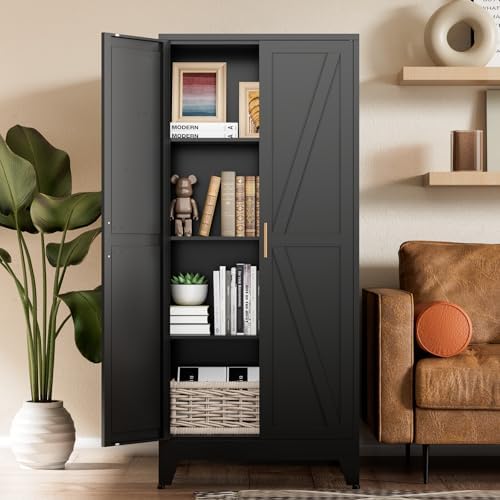 COFaR Black Farmhouse Storage Kitchen Pantry Cabinet with 2 Barn Door, 3 Adjustable Shelves and Legs, for Cupboard/Dining Room/Bathroom/Living Room/Office/Laundry Room (Black, 61" Farmhouse) by COFAR