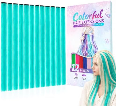 Teal Colored Clip in Hair Extensions, Synthetic Hair for Girls by KRALER