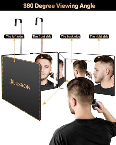 JUSRON 360 Viewing Angle Self Hair Cutting Mirror, Clear Anti-Fog HD Glass, USB Rechargeable, Easy to Use, Height Adjustable, Portable, Good Choice for Gifts - Image 2