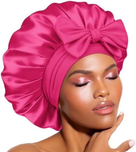 BONNET QUEEN Satin Bonnet Silk Bonnet for Sleeping Hair Bonnet Tie Bonnet for Women with Stretch Band Natural Hair Hot Pink by BonnetQueen