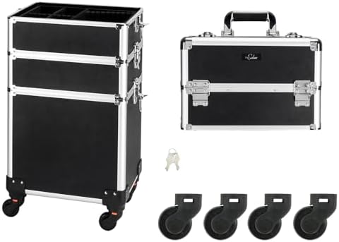 mefeir 4 in 1 Rolling Makeup Train Case, Aluminum Makeup Travel Organizer Cosmetic Case, Cosmetology Display Suitcase on Wheels, Beauty Storage Luggage Lockable w/4 Removable Wheels (Black) - Image 2