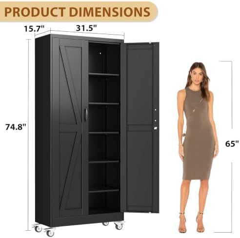 75" Metal Garage Storage Locker Cabinet with Wheels,Rolling Black Lockable Tool Cabinet with 2 Doors and 5 Adjustable Shelves, Steel Office File Cabinet for Home Office Warehouse Gym - Image 3