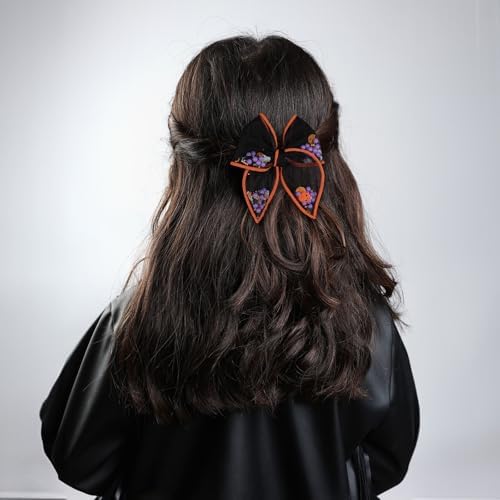 4" Halloween Black Mesh Tulle Hair Bow Clips for Girls Women, Glitter Pumpkin Ghost Bat Shaker Fable Bow Alligator Barrettes, Party Costume Dress Up Accessories, 2 Pack - Image 5