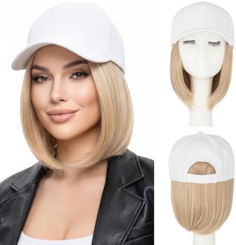 SEGO Baseball Cap with Hair Extensions for Women Synthetic Hair Attached Short Straight Hairpiece White Baseball Cap Wig Adjustable Hat Wigs for Women 6 Inch 85P613 Light Blonde Mix Bleach Blonde by SEGO