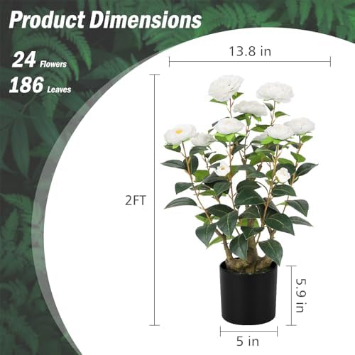 Romantic Season 2FT White Artificial Camellia Tree 2Pack, Faux Camellia Plant Fake Potted Camellia Flower Tree Plastic Camellia Tree for Modern Home Office Living Room Floor Décor - Image 3