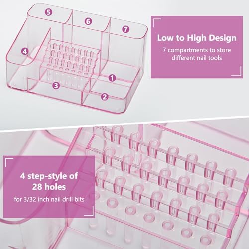 CGBE Nail Drill Holder, 28 Holes Transparent Nail Desk Organizer - Pink - Image 2