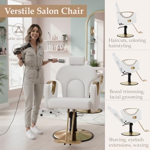 Reclining Barber Salon Chair for Hair Stylist, Professional Hair Stylist Chairs with Heavy Duty Hydraulic Pump, Hairdresser Braiding Styling Shampoo Chair for Spa Home Euipment, White Gold - Image 5