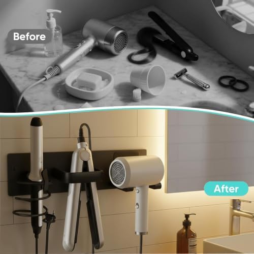 3-in-1 Aluminum Hair Dryer Holder, Matte Black Styling Tools Rack - Image 6