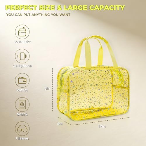 Clear Yellow Star Large Makeup Bag with Star Pattern 12x5x8 inch, Travel Cosmetic Bag with Handle, Durable PVC Material Washbag Zipper Opening Design for Makeup Travel Organizer or Gym Use - Image 2
