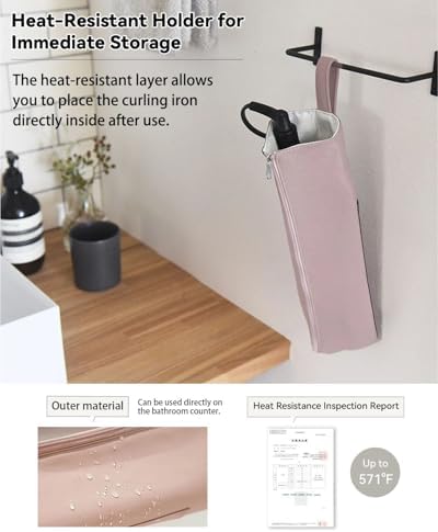 Holder & Mat for Curling Iron Flat Iron, Heat Resistant Hot Hair Tool Travel Bag Case (pink&beige) - Image 2