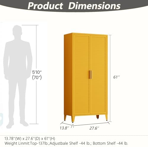 61" Tall Metal Pantry Cabinet with Lock and 3 Adjustable Shelves,Freestanding Heavy Duty Steel Storage Locker,Yellow Metal Cabinets for Kitchen,Living Room,Home 61" H X 27.6" W X 13.8" D - Image 3