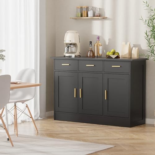 Buffet Cabinet with Storage - Buffets & Sideboards Kitchen Storage Cabinet, Wood Console Table Coffee Bar Accent Cabinets for Living Room Dining Room Entryway Large 3 Doors & Drawers, Black 47.2"W - Image 2