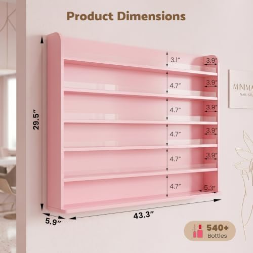 Wood Nail Polish Rack Display, 6 Tiers Nail Polish Wall Organizer, Pink - Image 3
