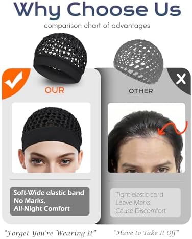 2 Pieces Comfortable Elastic Knit Hair Net for Sleeping & Silk Press - No Red Marks, Tubi Hair Warp Mesh Snood Cap for Women(Black) - Image 2