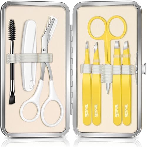 TsMADDTs Eyebrow Trimmer Kit, 8 in 1 Tweezers Set for Women with Eyebrow Trimmer Scissors, Tweezers, Razor, Brush with Travel Bag by TsMADDTs