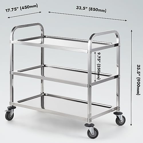 CURTA Stainless Steel Serving Trolley, 34" L x 18" W x 36" H 3 Tiered Shelf Kitchen Utility Cart, Rolling Casters Brake Wheel, Commercial Pro for Restaurant/Hotel/Lab/Clinic/Salon/Workshop - Image 5