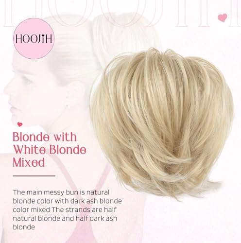 HOOJIH Ponytail Extension, Claw Clip in Straight Hair Bun Messy Bun 9 Inch Short Ponytail Extension with Bendable Metal Wire Hair Pieces for Women Fake Hair Bun - Blonde with White Highlights - Image 6