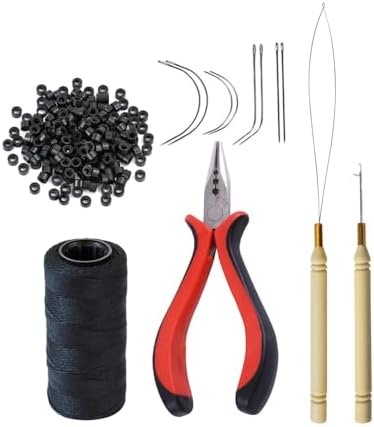 Hair Extensions Tool Kit: 200 Pcs Silicone Lined Micro Links Beads, 1 Three Hole Hair Pliers, 1 Roll Sewing Thread, 1 Loop Needle Threader, 1 Pulling Hook Needle, 8 Sewing Needles (Black) by YANTAISIYU