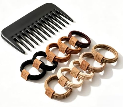 Wide Tooth Comb & Bear Hair Ties Gift Set | 10-Piece Detangling Travel Comb Set (Black Comb + Maillard Colors) for Curly & Thick Hair by Unknown