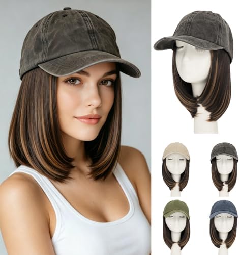 Rich Choices Hat Wigs for Women,Dark Gray Baseball Cap with Hair Extensions for Women/Men,Short Bob Hairstyle Caps with Hair Attached Adjustable Baseball Cap Wig 6 Inch Highlighted Dark Brown Hair by RichChoices