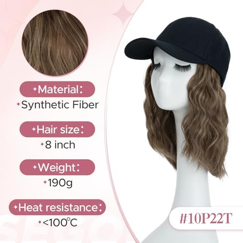 SEGO Baseball Cap with Hair Extensions for Women Heat Resistant Synthetic 8" Adjustable Long Curly Hairpiece Replacement Wigs in Black Hat for Girls 10P22T Medium Brown Mix Dark Blonde - Image 5