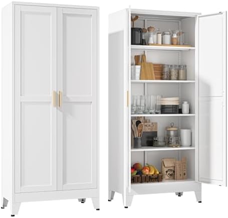 YAUWOH 71''Metal Cabinet with 4 Adjustable Shelves,5-Tier Pantry Storage Cabinet,Kitchen Pantry Cabinet for Living Room,Dining Room, (1PC,White) by YAUWOHFactoryOutletsColorfulMetalFurniture
