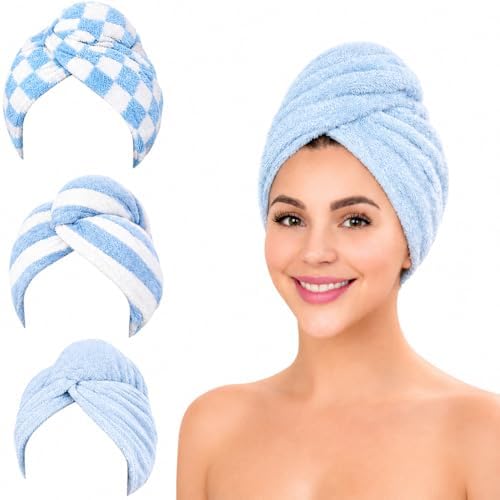 KELVO Microfiber Hair Towel Wrap for Women - Pack of 3, 350 GSM Super Absorbent Quick Dry Hair Turban, Anti-Frizz Head Wrap for Curly Long & Thick Hair Soft Hair Drying Towel(Blue, Mixed Style) by Unknown