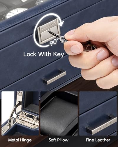 VLANDO Watch Box 10 Slots, Lockable Watch Case with Textured Leather, 2 Layer Watch Holder for Rings, Glasses, Mens Jewelry Box with Glass Lid, Removable Divider, Gifts for Father, Husband, Blue - Image 4