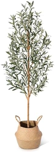 Faux Olive Tree 6FT – Tall Artificial Plants Indoor with Real Wood Trunk & Seagrass Basket, Lifelike Silk Leaves & Fruits – Potted Large Fake Trees for Home, Living Room, Bedroom & Office Decor by Kazeila