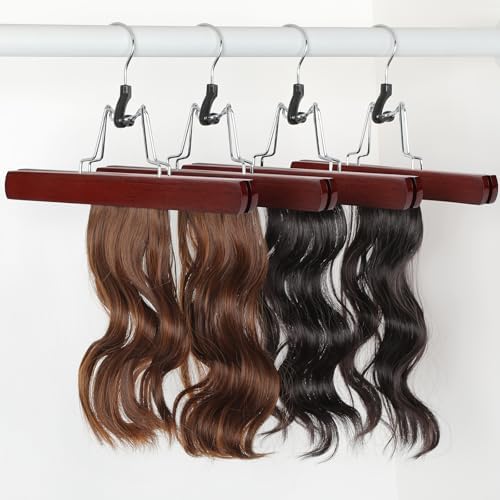 TOPIA HANGER 12 Pack Wooden Pants Hangers, Hair Extension Hangers Non Slip Skirt Hanger Wood Clamp with Velvet Padded 360° Swivel Hook for Jeans, Skirts, Trousers, Wigs Cherry CT67M - Image 5