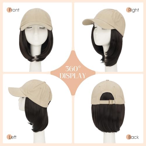 Rich Choices Hat Wigs for Women,Khaki Baseball Cap with Hair Extensions for Women,Short Bob Hairstyle Caps with Straight Synthetic Hair Attached Adjustable Baseball Cap Wig 6 Inch Dark Brown Hair - Image 4