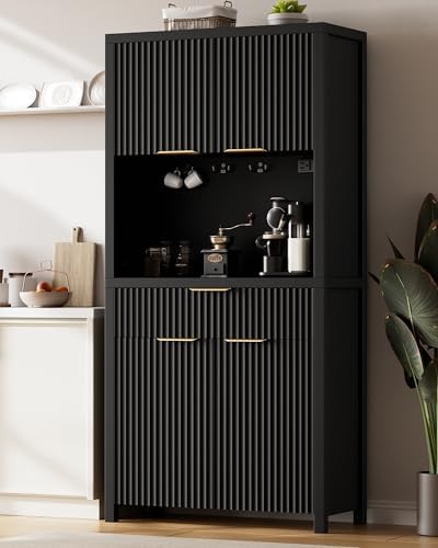 Lulive 71" Fluted Pantry Cabinet with Charging Station, Black by Lulive