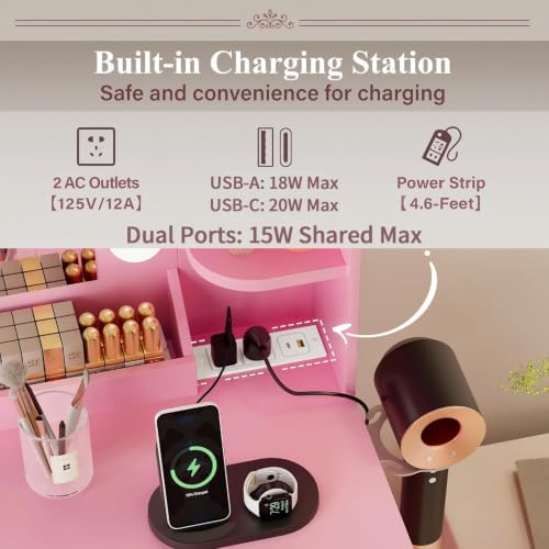 JUMMICO Makeup Vanity Desk with Large Mirror and Lights, Vanity with Power Strip and Hairdryer Holder, 6 Open Shelves and 7 Drawers Modern Dressing Table, for Bedroom (Pink) - Image 6