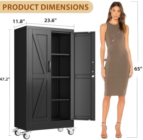 47" Metal Garage Storage Locker Cabinet with Wheels,Rolling Black Lockable Tool Cabinet with 2 Doors and 3 Adjustable Shelves, Steel File Cabinet for Home Office Warehouse Gym - Image 3