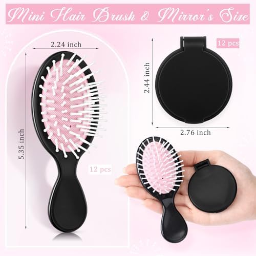 Meanplan 24 Pcs Mini Hair Brush Set Travel Wet Dry Hair Combs Pocket Detangling Compact Folding Makeup Mirrors for Spa Sleepover Birthday Bridal Shower Bachelorette Christmas Party Gift(Black Pink) - Image 2
