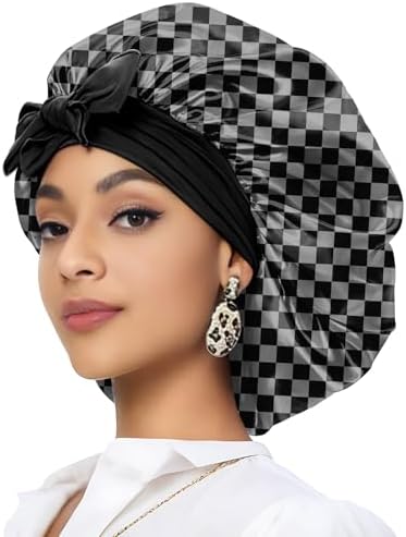 Satin Hair Braid Bonnet for Sleeping Double Layer Elastic Wide Soft Tie Band Hair Silk Lined Sleep Cap Women Girls by Deokke
