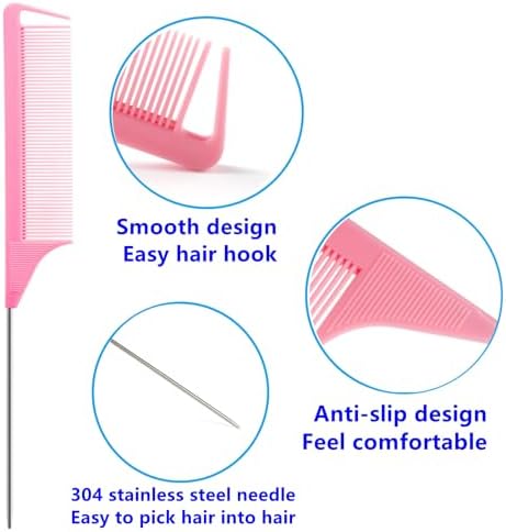 Luumxai 9pcs Topsy Hair Tail Tool and rat tail comb set,6pcs French Braiding Tool ring,3Pcs Metal Parting Combs,Woman Girl Hair Styling (Pink,Purple, Black) - Image 6