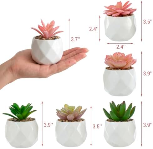 MyGift Pink & Green Artificial Succulent Plants, Ceramic Pots, Set of 6 - Image 6