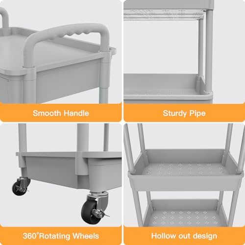 5 Tier Rolling Utility Cart with Drawer,REBECAT Utility Cart Made of Multifunctional Storage Organizer Tool for Kitchen,Bathroom,Living Room,Office(Gray) - Image 2