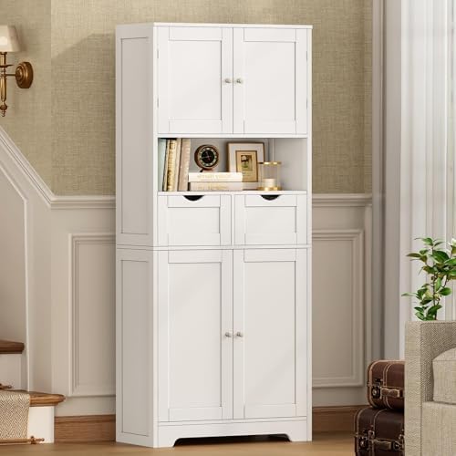 Iwell Tall Storage Cabinet with Adjustable Shelf & 2 Drawers, Kitchen Pantry Cabinet, Pantry Cabinets with 4 Doors, Tall Cabinets for Living Room, Kitchen, Bathroom, White - Image 6