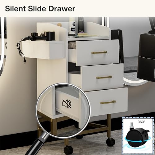 Salon Station for Hair Stylist, White Beauty Barber Storage Systems on 4 Lockable Wheels, Modern Salon Workstation, Rolling Beauty Cabinet Cart with 3 Drawers and 3 Hair Dryer Holders - Image 5