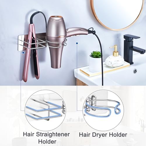 Hair Dryer and Straightener Holder Wall Mounted, Self Adhesive Blow Dryer and Flat Iron Storage Hair Tool Organizer for Bathroom Vanity (Silver) - Image 6