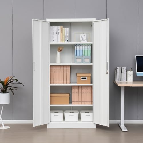 Wanfu Metal Storage Cabinet, 71”H Locking Storage Cabinet with 5 Adjustable Shelves, Steel Cabinets for Garage, Home, Office, Pantry (White) - Image 2