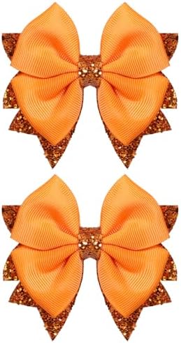 Sparkly Orange Ribbon Hair Bow Clips 2PCS 3.5" Boutique Glitter Sequin Dress Bow Alligator Hairpins for Teens Toddler Girls Kids Fall Give Thanks Gift Halloween Outfit Decor Accessory by KCHIES-AccessoryCollection