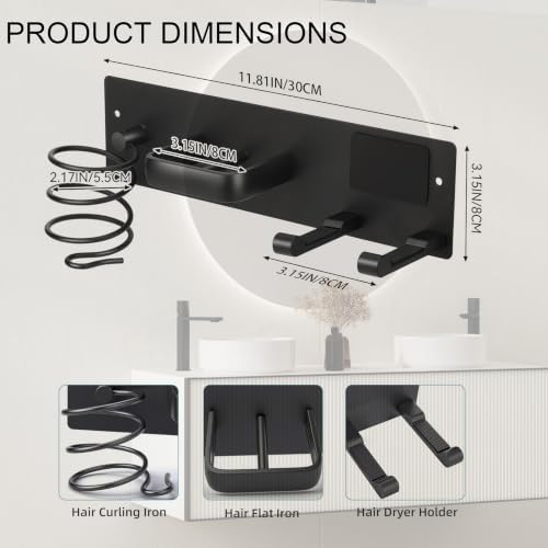 3-in-1 Aluminum Hair Dryer Holder, Matte Black Styling Tools Rack - Image 4
