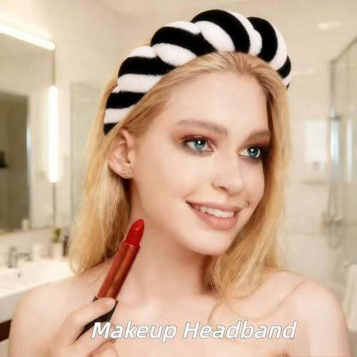 7 Pcs Spa Set, Facial Headband and Wristband Set, Skincare Accessories, College Style Girl Gift, Hair Accessories for Women and Girls（Black White Stripe ） - Image 2