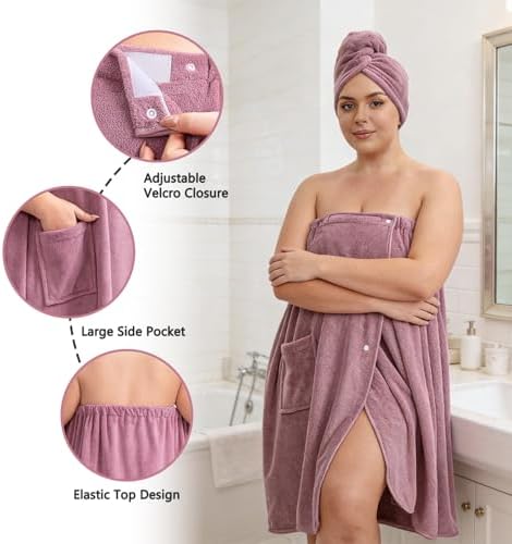 Plus Size Towel Wrap with Hair Towel for Women (2XL-4XL), Adjustable Wearable Shower Body Wrap, Comfortable Oversized Spa Bathrobe Set with Hair Drying Towel Purple - Image 4