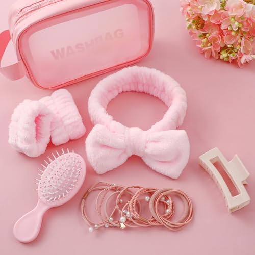 CWJCYTNSN 15 PCS Women Spa Headband and Wristband Set for Washing Face, Skincare Makeup Headband Women and Teen Girl Gifts Trendy Stuff（Pink） - Image 5