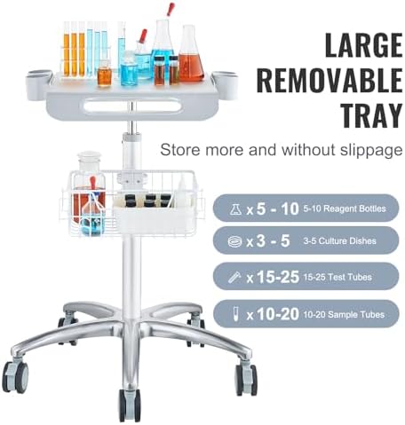 VEVOR Medical Trolley with Wheels - Height Adjustable Gas Lift, Large Tabletop 19"×17", Stainless Steel Rolling Laptop Cart with Storage Basket,Mobile Metal Scanner Cart for Ultrasound/Dental/EKG/Lab​ - Image 6