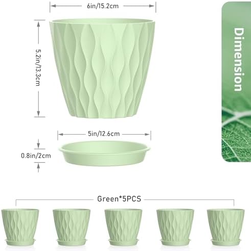 Meowell 6 inch Plant Pots, 5 Set Water Ripples Flower Pots for Indoor Outdoor Plants, Plastic Planters with Drainage Holes and Saucers, Nursery Pots for Small Succulent Garden House Plants, Green - Image 2